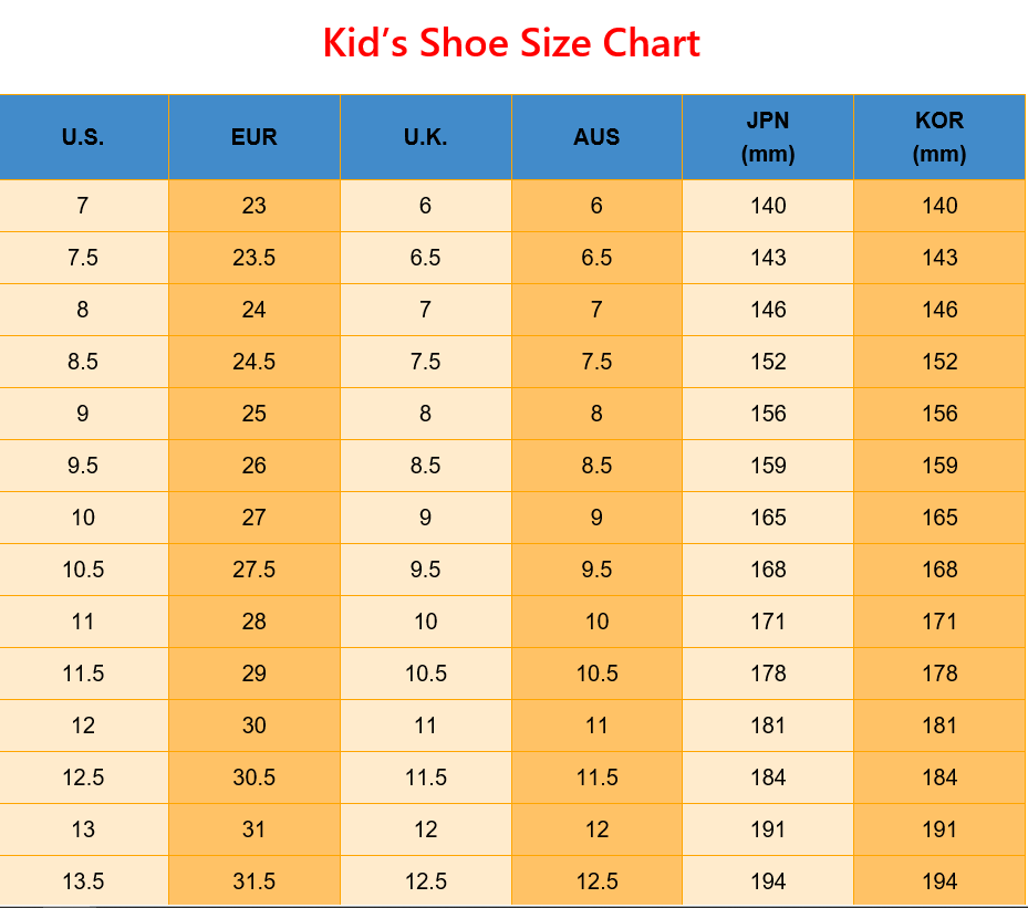 Tabella delle taglie delle scarpe per bambini per US EUR UK AUS JP KOR e taglia delle scarpe del Regno Unito per noi