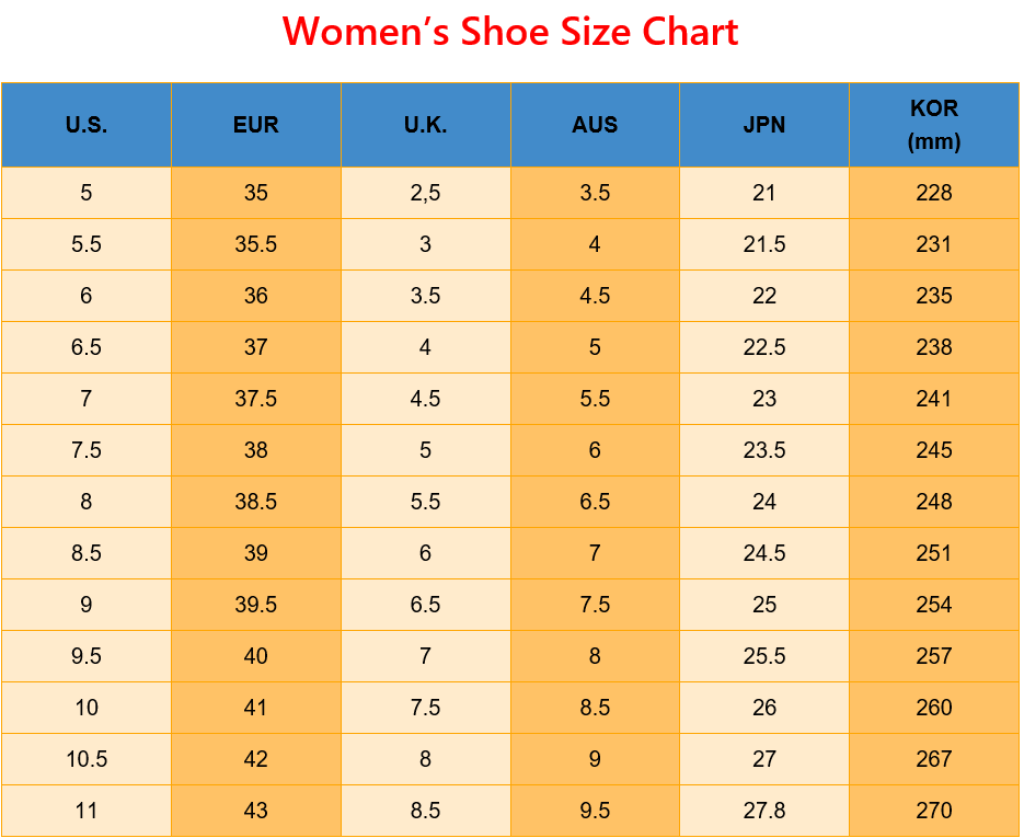 International Shoe Size Conversion Chart For US To UK EUR AUS JPN KOR